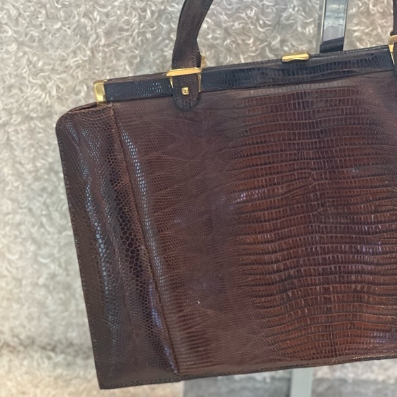 VINTAGE ESCORT BAG GENUINE LIZARD BROWN STRUCTURED FRAME HANDBAG SATCHEL VTG - Picture 5 of 16